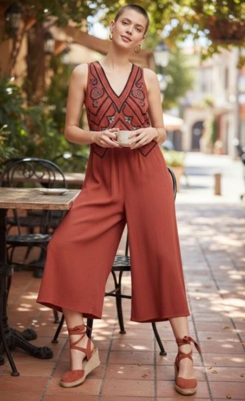 Anthropologie Maeve Embroidered Rust Jumpsuit Boho Wide Leg Culotte Romper Sz 0